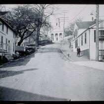 Looking west toward Union Baptist Church from Bank Square (West Main Street) Mystic